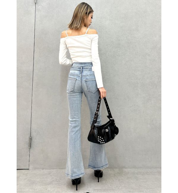 GYDA「ハイウエストSIDE BELT CUTデザインフレアデニムパンツ」|デニム|
