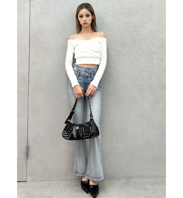 GYDA「ハイウエストSIDE BELT CUTデザインフレアデニムパンツ」|デニム|