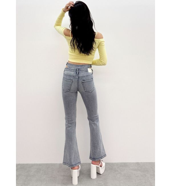 GYDA「ハイウエストSIDE BELT CUTデザインフレアデニムパンツ」|デニム|