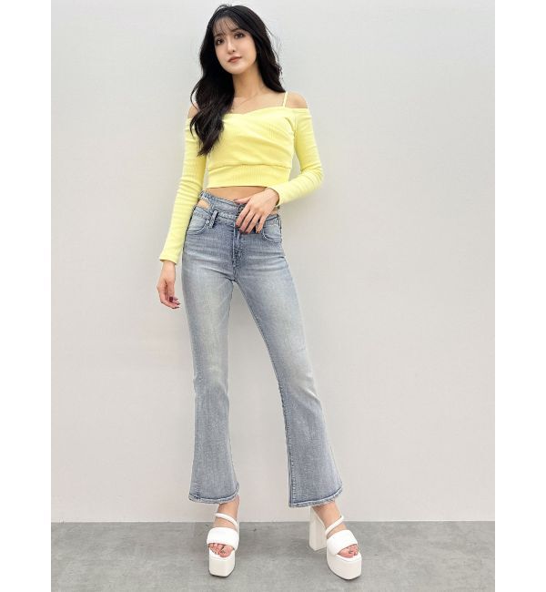 GYDA「ハイウエストSIDE BELT CUTデザインフレアデニムパンツ」|デニム|