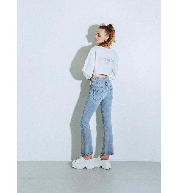 GYDA「ハイウエストSIDE BELT CUTデザインフレアデニムパンツ」|デニム|