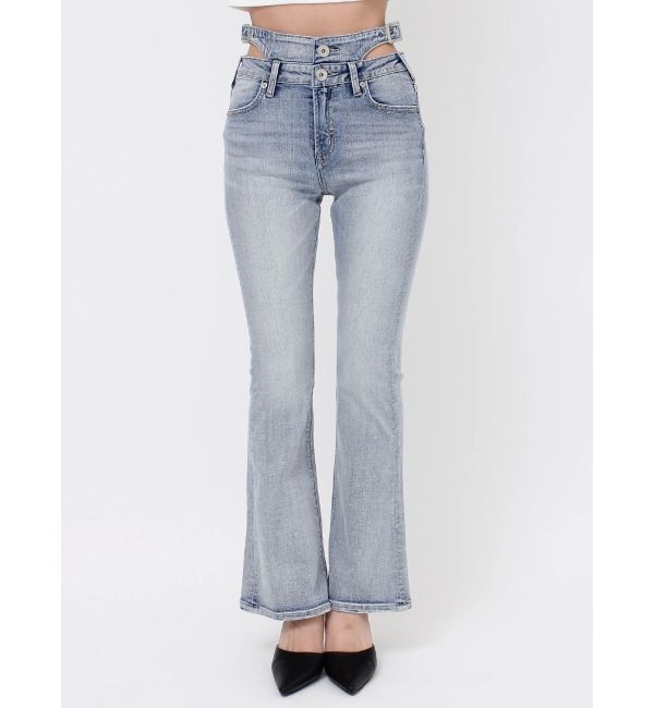 GYDA「ハイウエストSIDE BELT CUTデザインフレアデニムパンツ」|デニム|