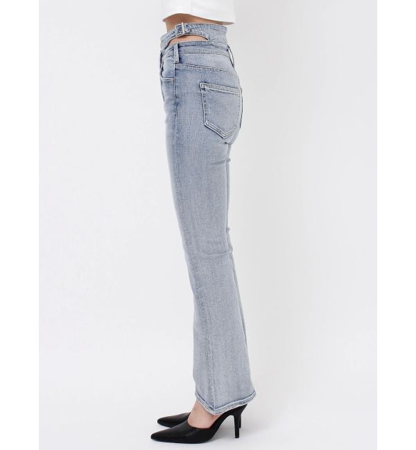 GYDA「ハイウエストSIDE BELT CUTデザインフレアデニムパンツ」|デニム|