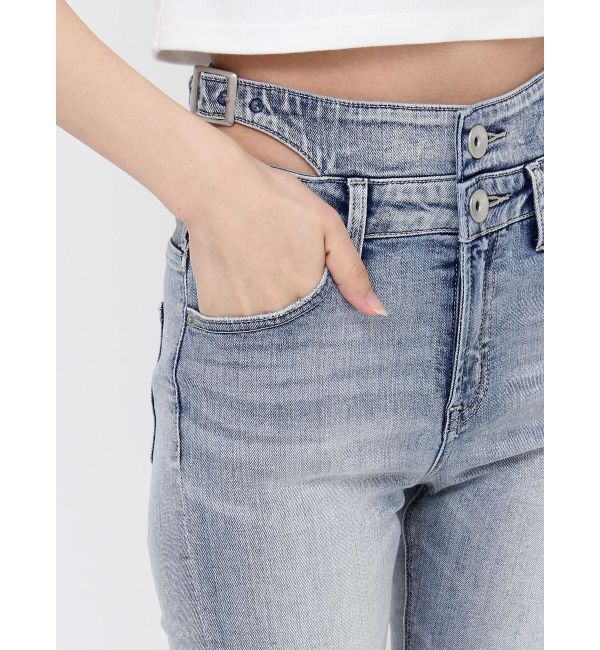 GYDA「ハイウエストSIDE BELT CUTデザインフレアデニムパンツ」|デニム|
