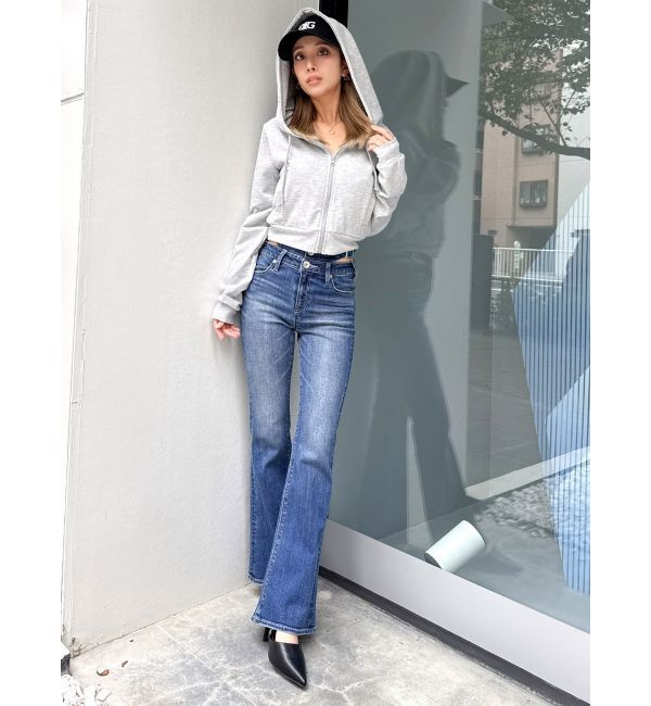 GYDA「ハイウエストSIDE BELT CUTデザインフレアデニムパンツ」|デニム|