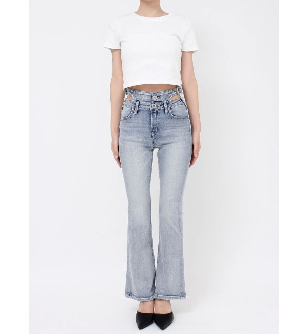 GYDA「ハイウエストSIDE BELT CUTデザインフレアデニムパンツ」|デニム|