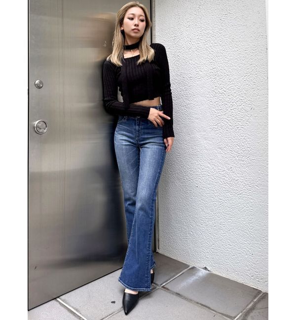 GYDA「ハイウエストSIDE BELT CUTデザインフレアデニムパンツ」|デニム|