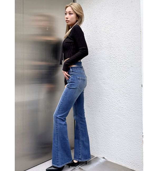 GYDA「ハイウエストSIDE BELT CUTデザインフレアデニムパンツ」|デニム|