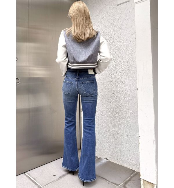 GYDA「ハイウエストSIDE BELT CUTデザインフレアデニムパンツ」|デニム|