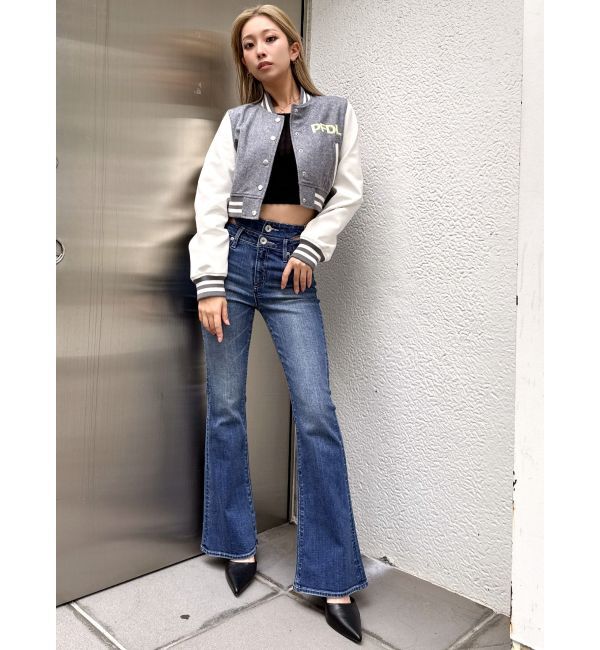 GYDA「ハイウエストSIDE BELT CUTデザインフレアデニムパンツ」|デニム|