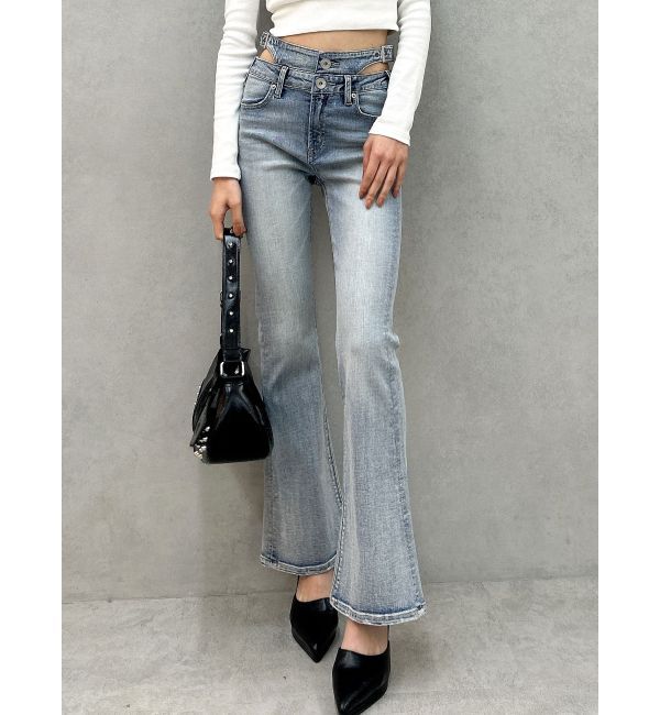 GYDA「ハイウエストSIDE BELT CUTデザインフレアデニムパンツ」|デニム|アイスブルー