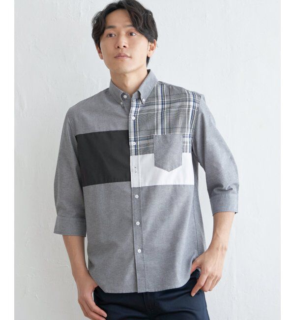 ikka「7分袖ブロックス切り替えシャツ」|シャツ・ブラウス|チャコール