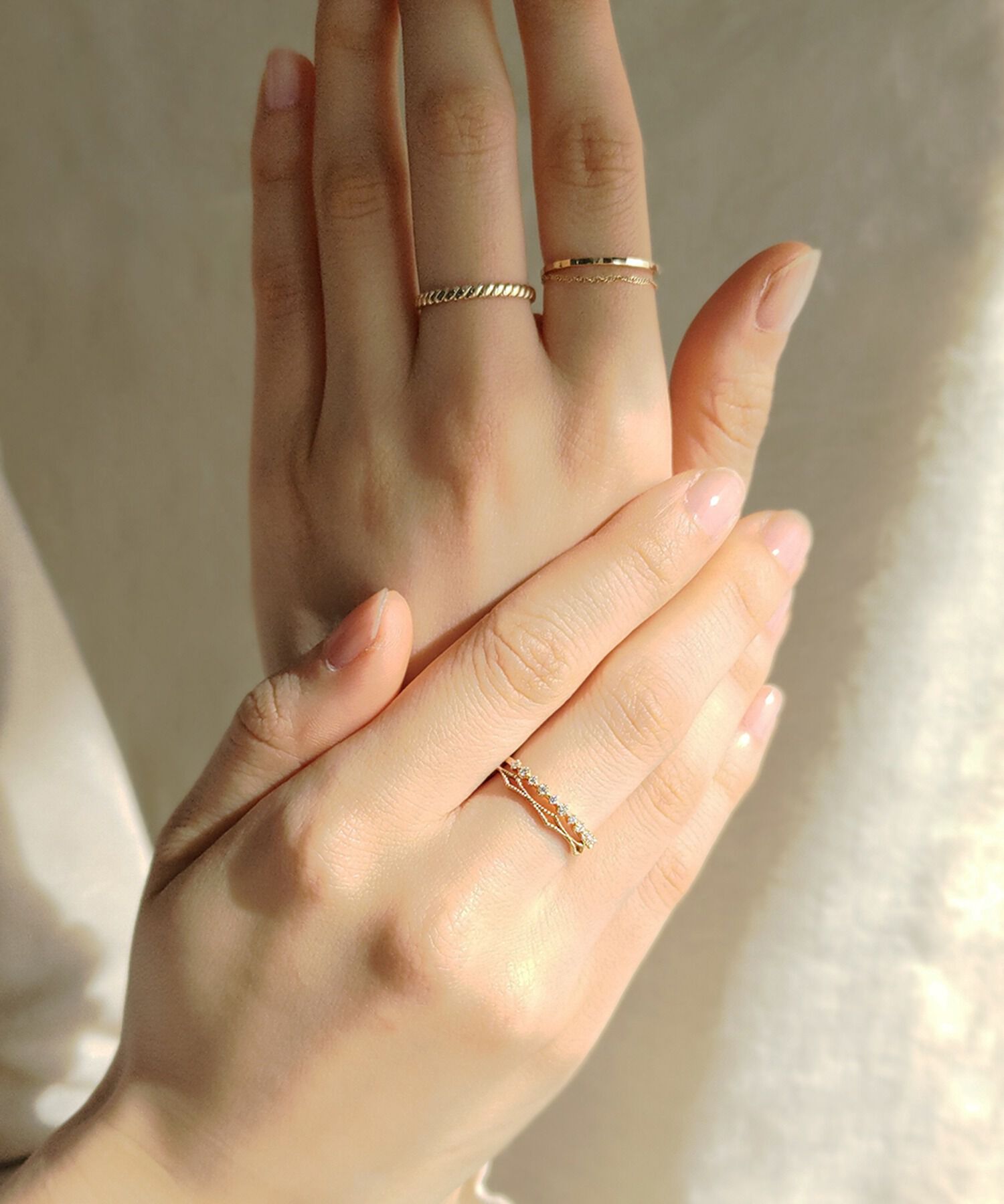  「K10 ゴールド&times;チェーン 2連風 リング」|リング|