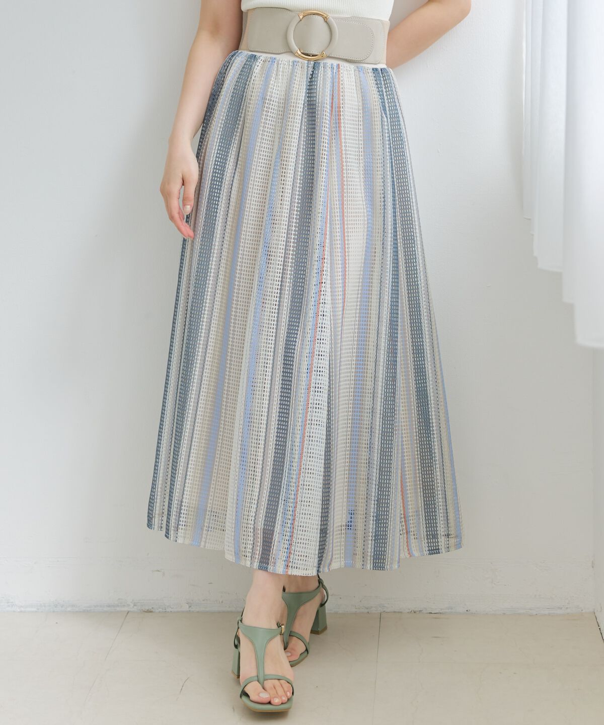 アンドクチュール「メッシュストライプロングスカート」|フレア|ベージュ