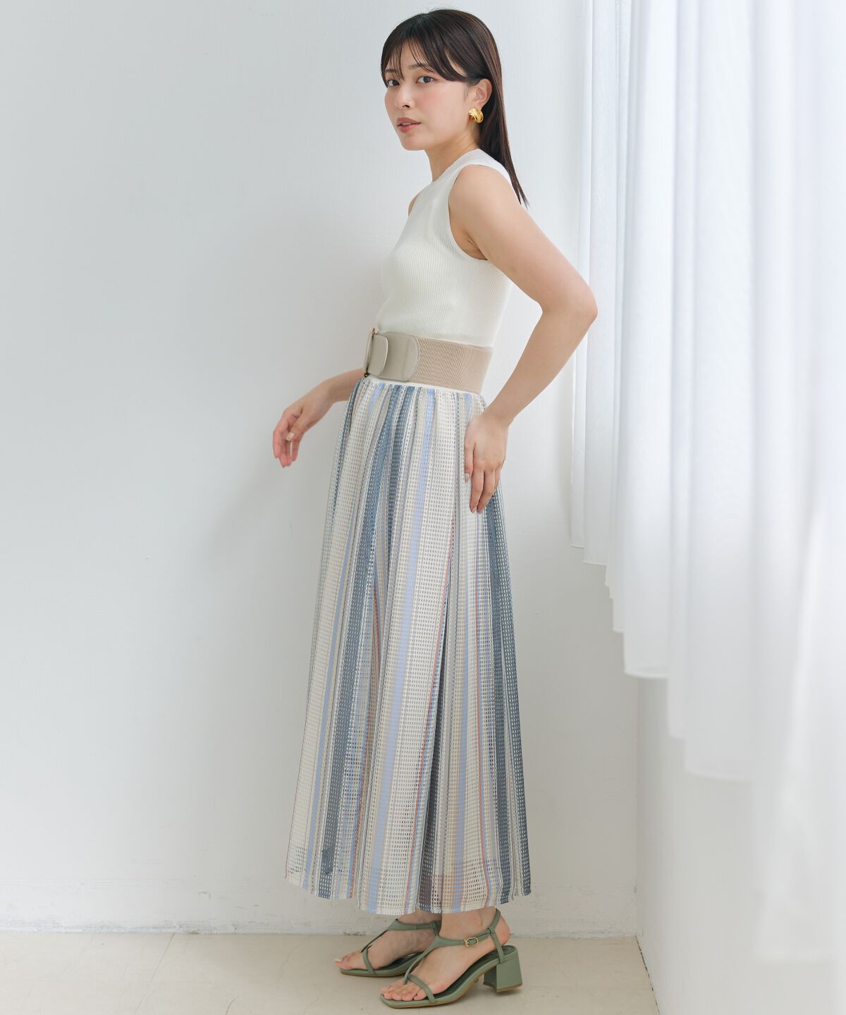 アンドクチュール「メッシュストライプロングスカート」|フレア|