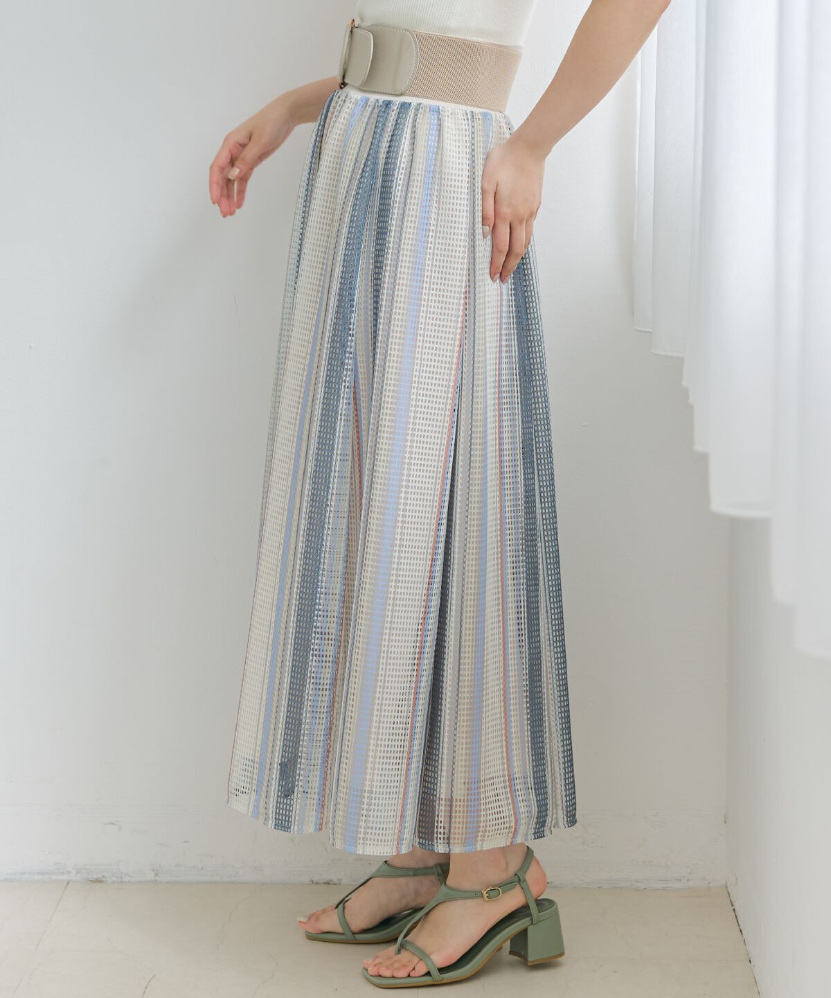 アンドクチュール「メッシュストライプロングスカート」|フレア|