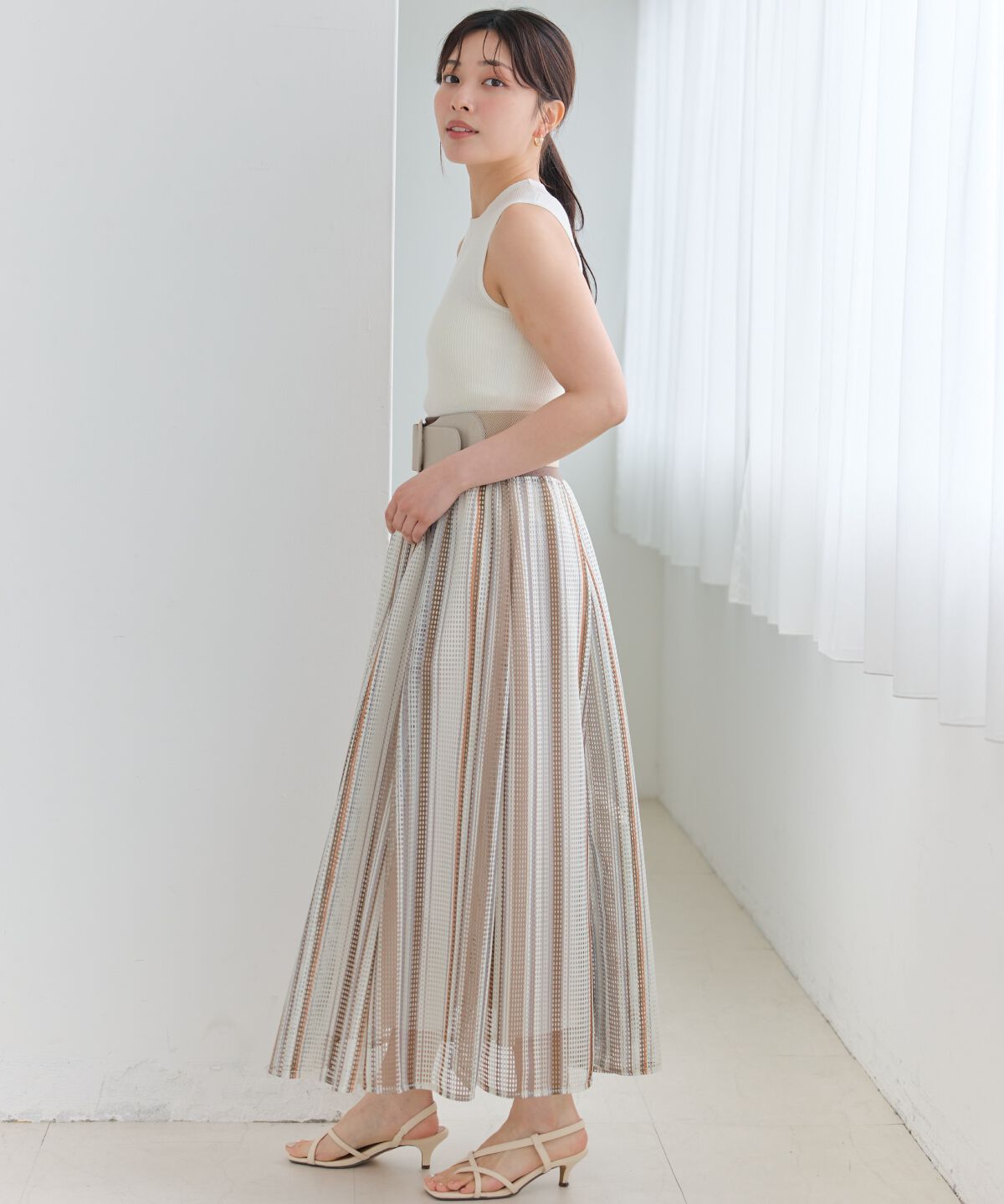 アンドクチュール「メッシュストライプロングスカート」|フレア|