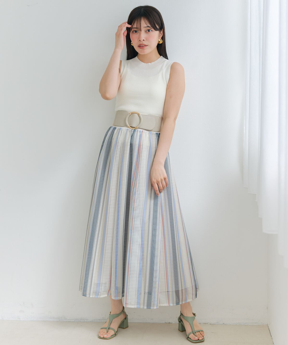 アンドクチュール「メッシュストライプロングスカート」|フレア|