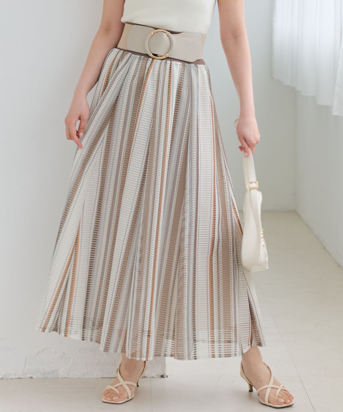 アンドクチュール「メッシュストライプロングスカート」|フレア|