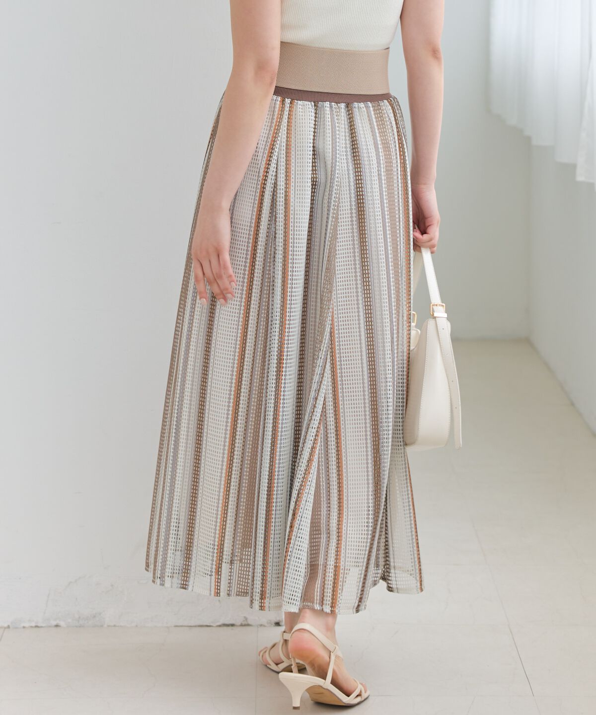 アンドクチュール「メッシュストライプロングスカート」|フレア|