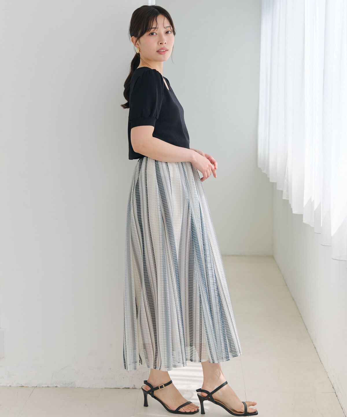 アンドクチュール「メッシュストライプロングスカート」|フレア|