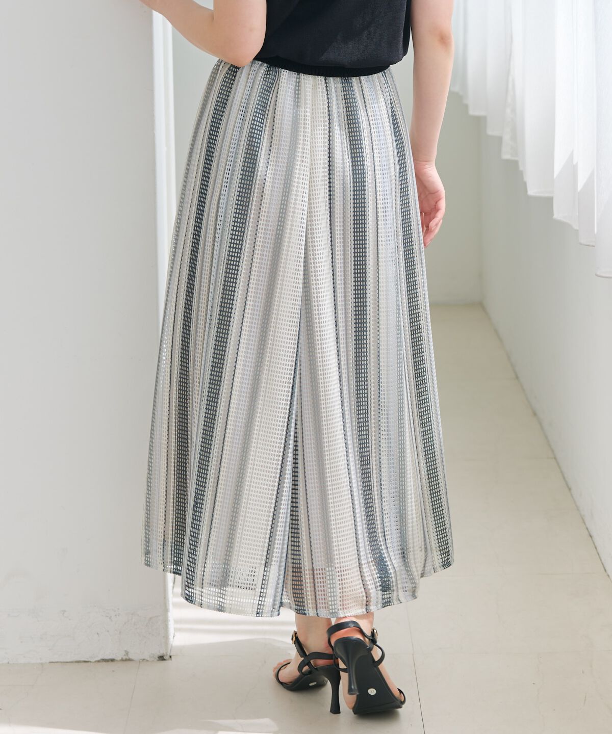 アンドクチュール「メッシュストライプロングスカート」|フレア|