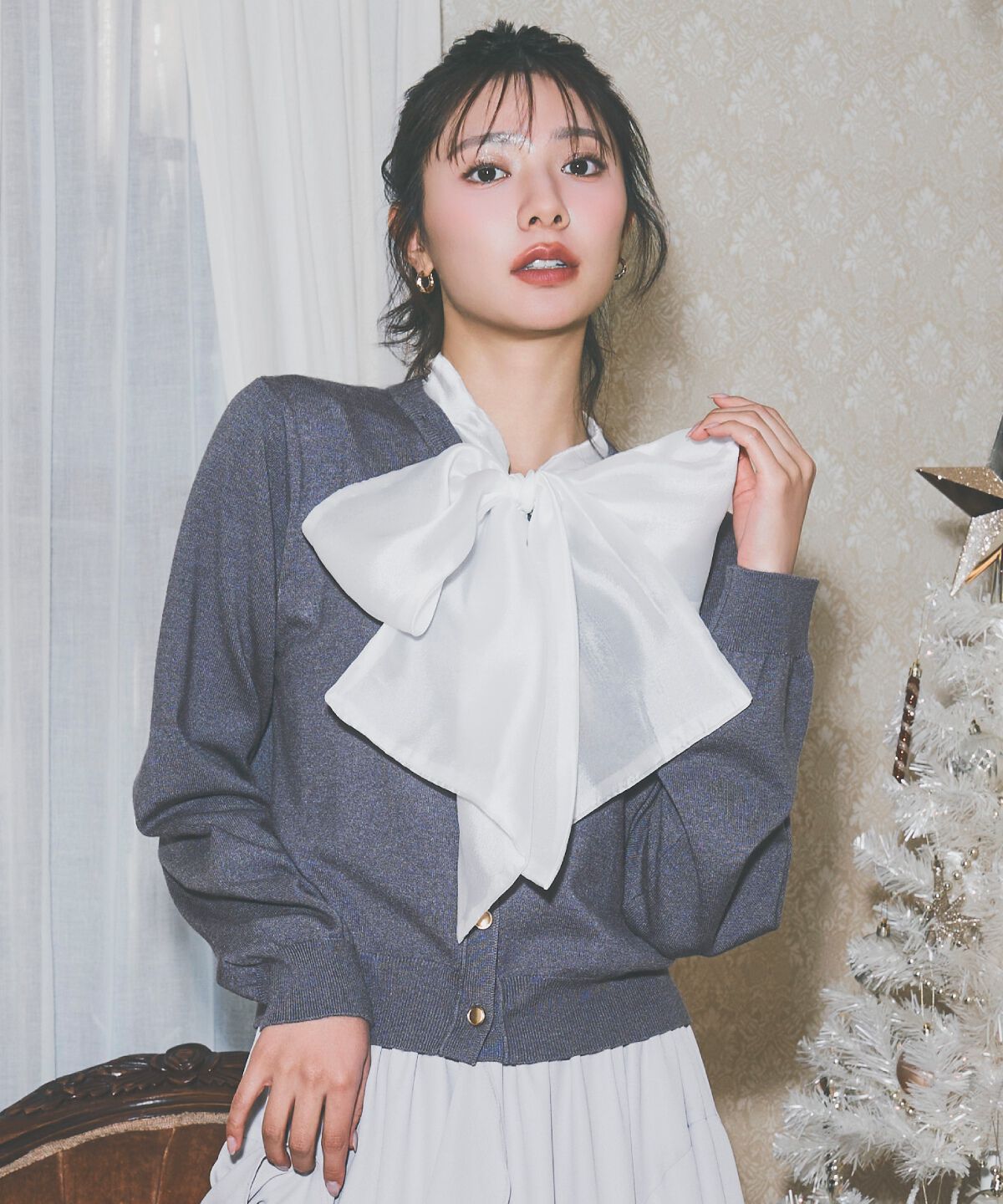 アンドクチュール「異素材リボンニットカーディガン」|カーディガン|