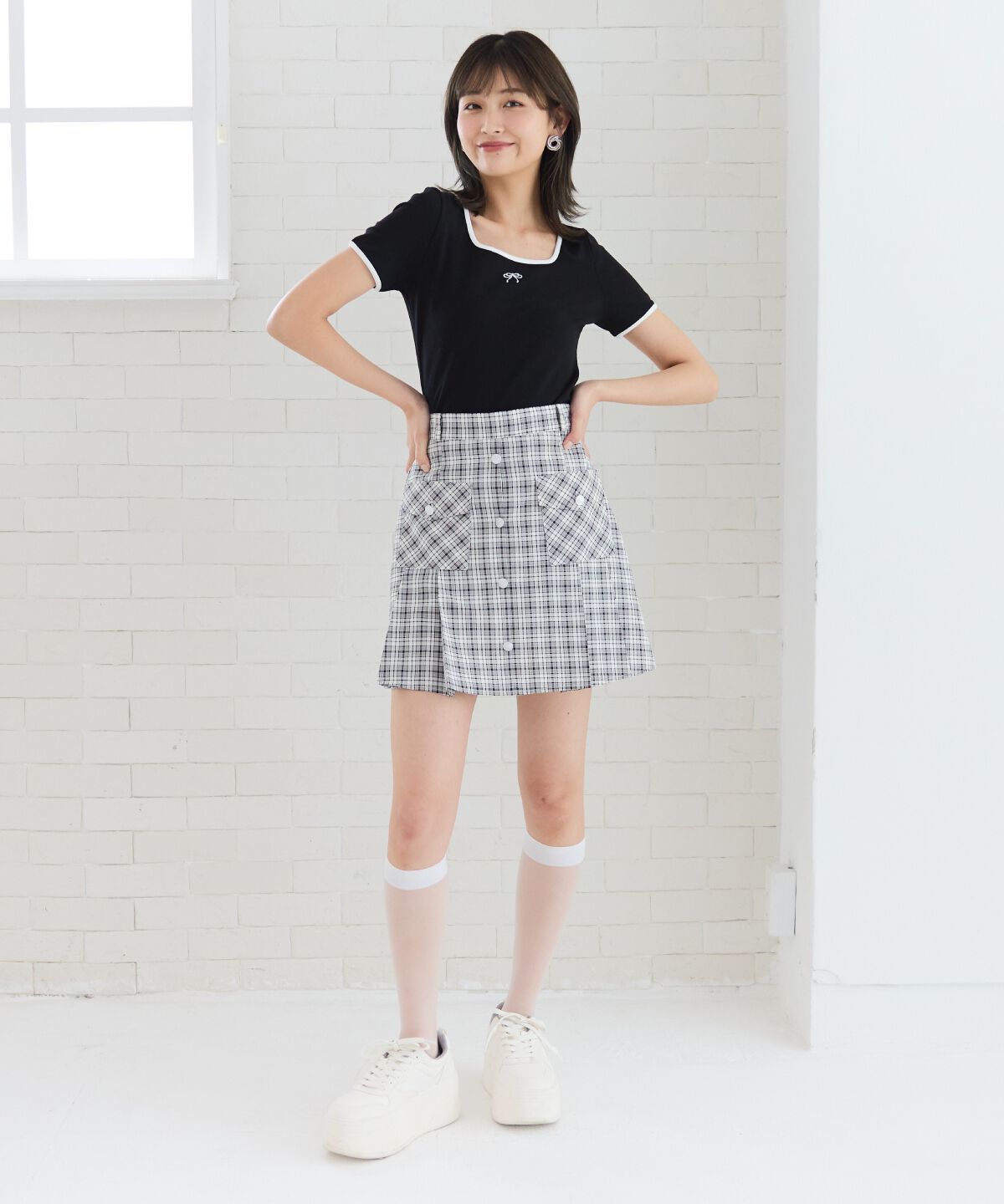 REDYAZEL「フロントボタンチェックミニスカート」|フレア|