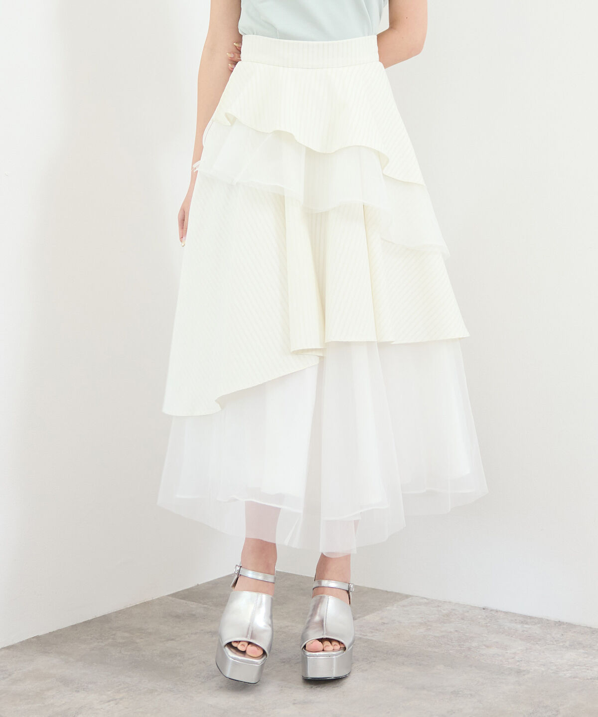 REDYAZEL「MIXストライプアシメティアードロングスカート」|フレア|