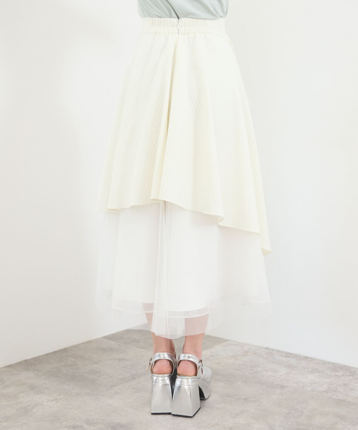 REDYAZEL「MIXストライプアシメティアードロングスカート」|フレア|