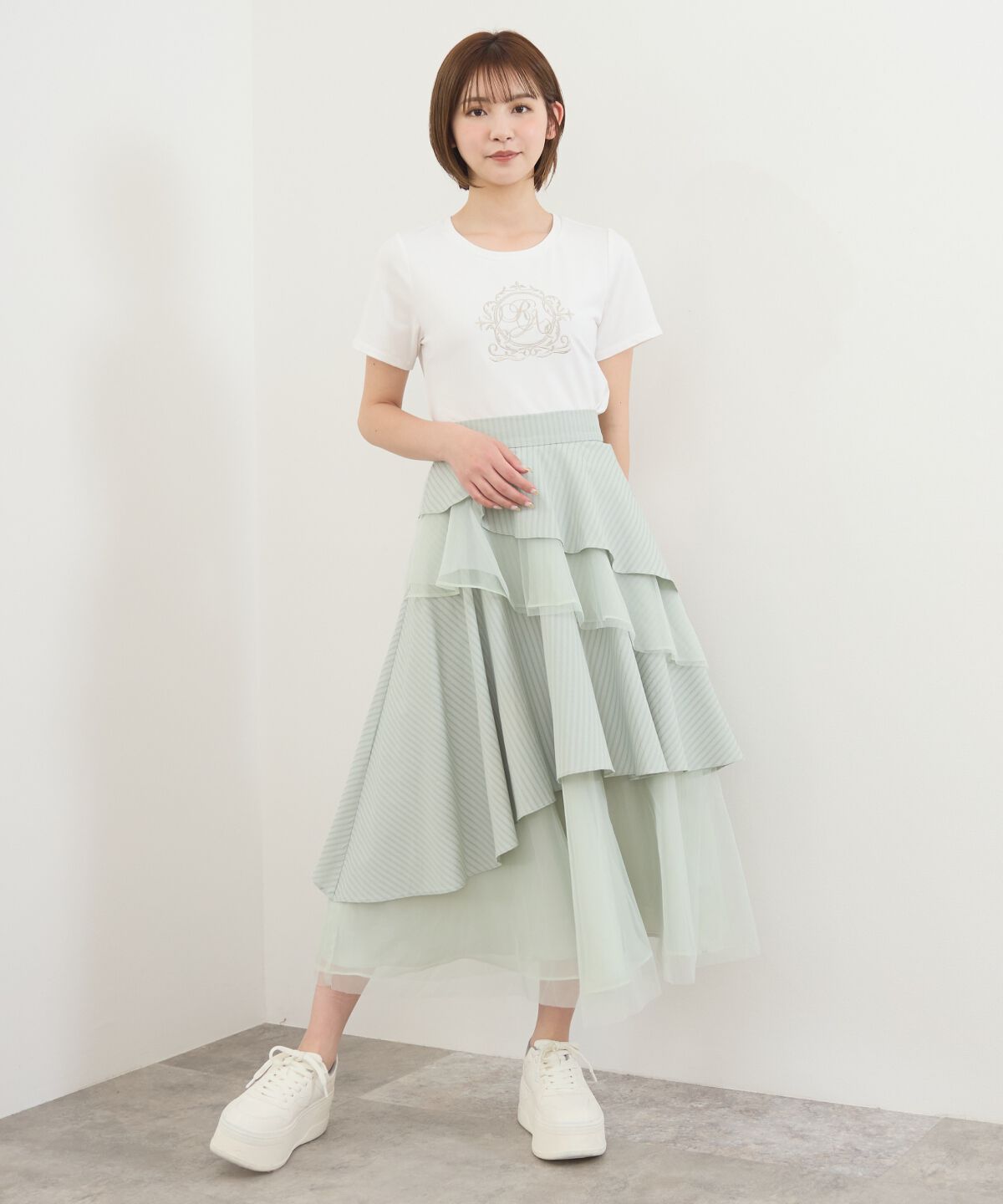 REDYAZEL「MIXストライプアシメティアードロングスカート」|フレア|