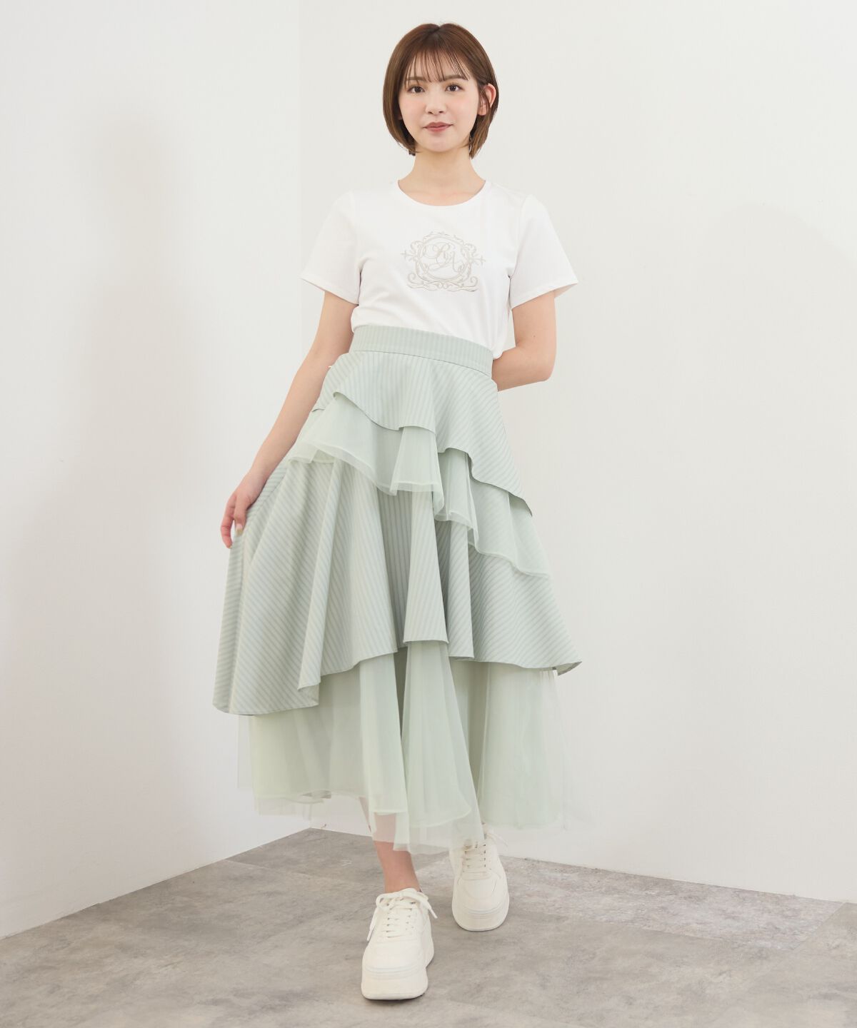 REDYAZEL「MIXストライプアシメティアードロングスカート」|フレア|