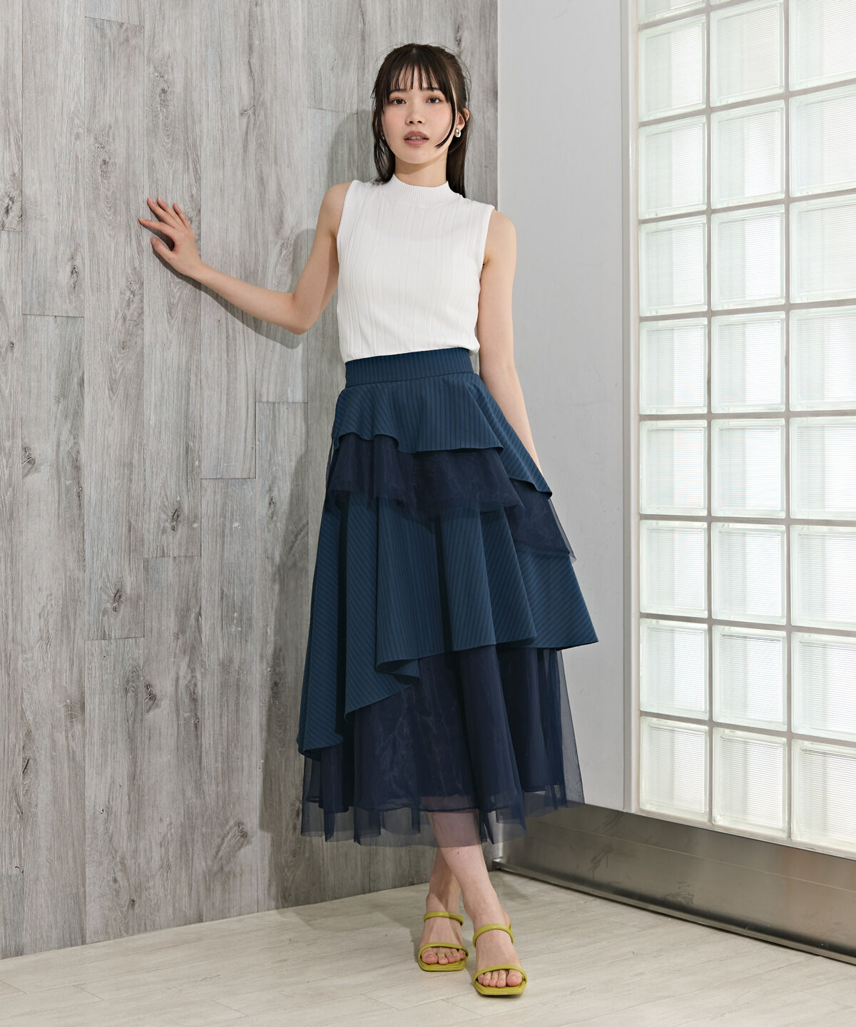 REDYAZEL「MIXストライプアシメティアードロングスカート」|フレア|