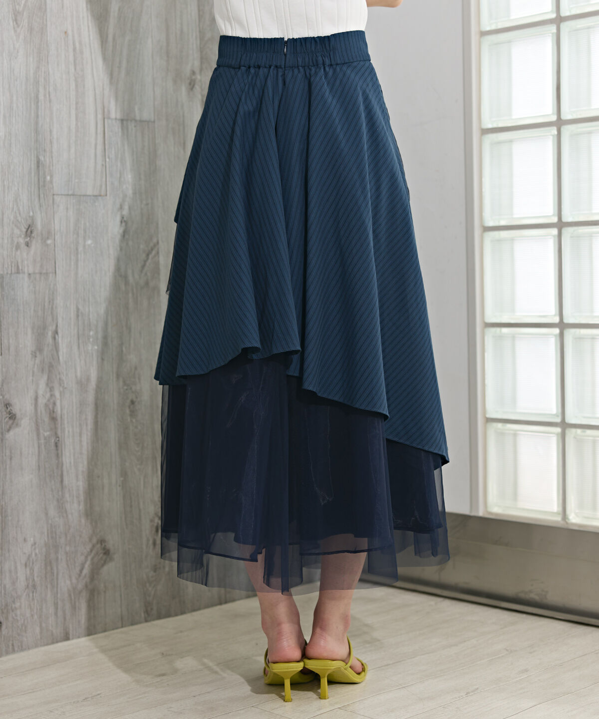 REDYAZEL「MIXストライプアシメティアードロングスカート」|フレア|