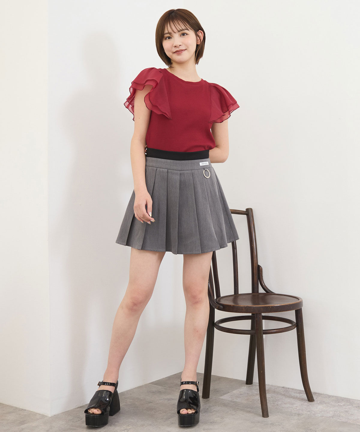 REDYAZEL「Wベルトワイドプリーツミニスカート」|フレア|