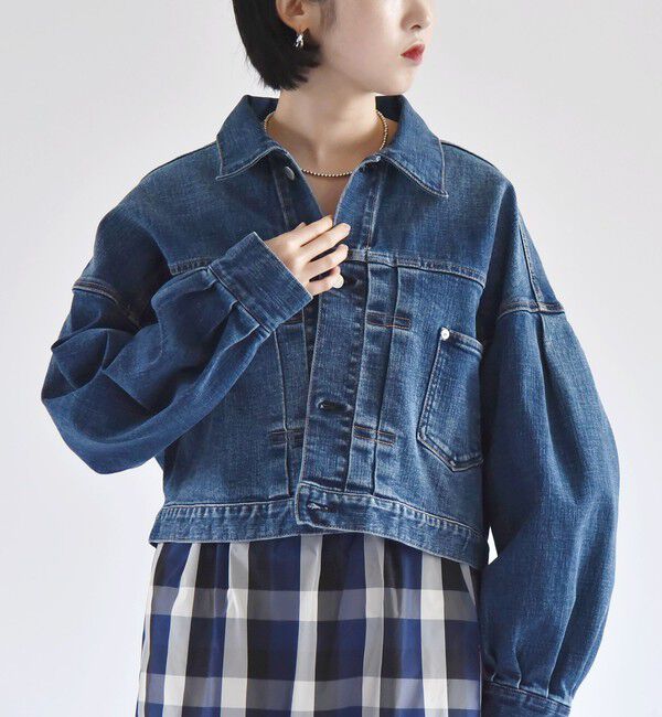 quaranciel「quaranciel:〈洗濯機可能〉ボリュームスリーブ ショート デニム ジャケット」|デニムジャケット|ネイビー