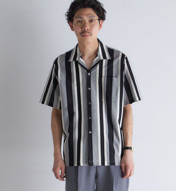 SHIPS「SHIPS:  ハニカム ストライプ オープンカラー シャツ」|シャツ・ブラウス|ブラック