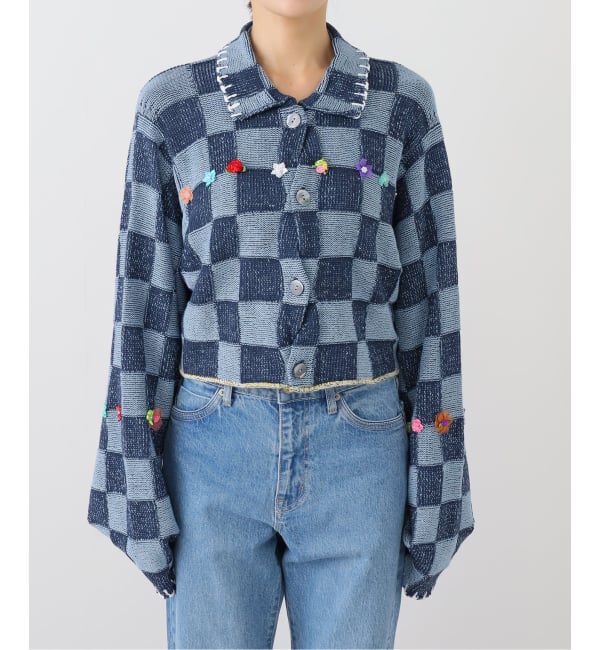  「YANYAN EMBELLISHED CHECK LS CROP CARDIGAN YYW25-0991：カーディガン」|ニット・セーター|