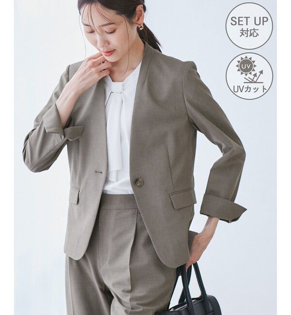 Rope&rsquo;Picnic「【UV対応】【リネンライク・シリーズ】ノーラペルジャケット/通勤・セットアップ対応」|ノーカラージャケット|ブラウン(20)
