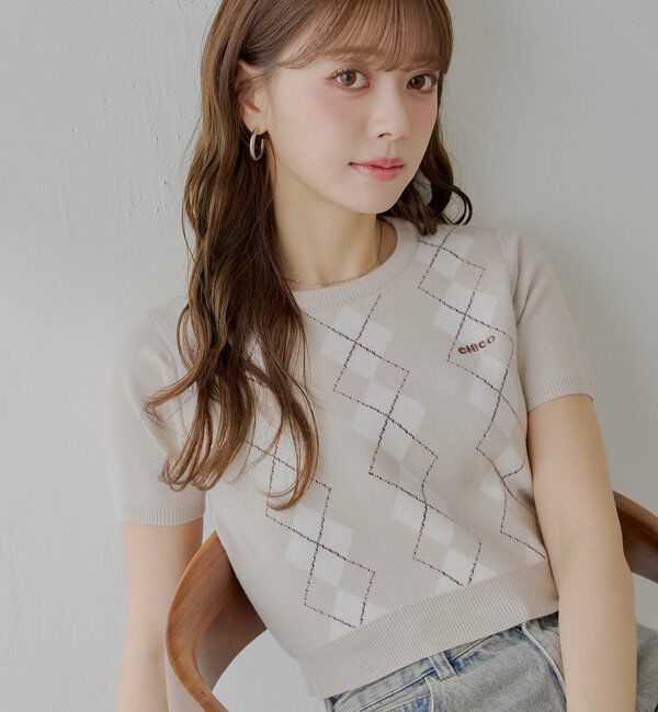  「アーガイル半袖チビニット」|ニット・セーター|ベージュ