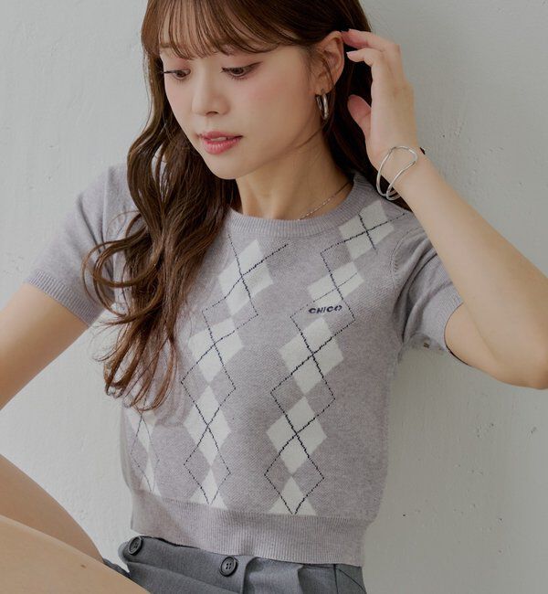  「アーガイル半袖チビニット」|ニット・セーター|グレー
