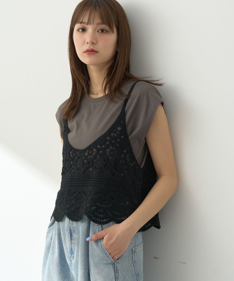 earth music&ecology「SET2点 クロシェキャミソール+ノースリーブプルオーバー」|Tシャツ・カットソー|Black