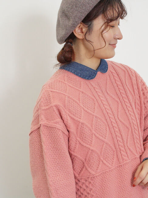Samansa Mos2「パッチワークケーブル前後2WAYニット」|カーディガン|ピンク