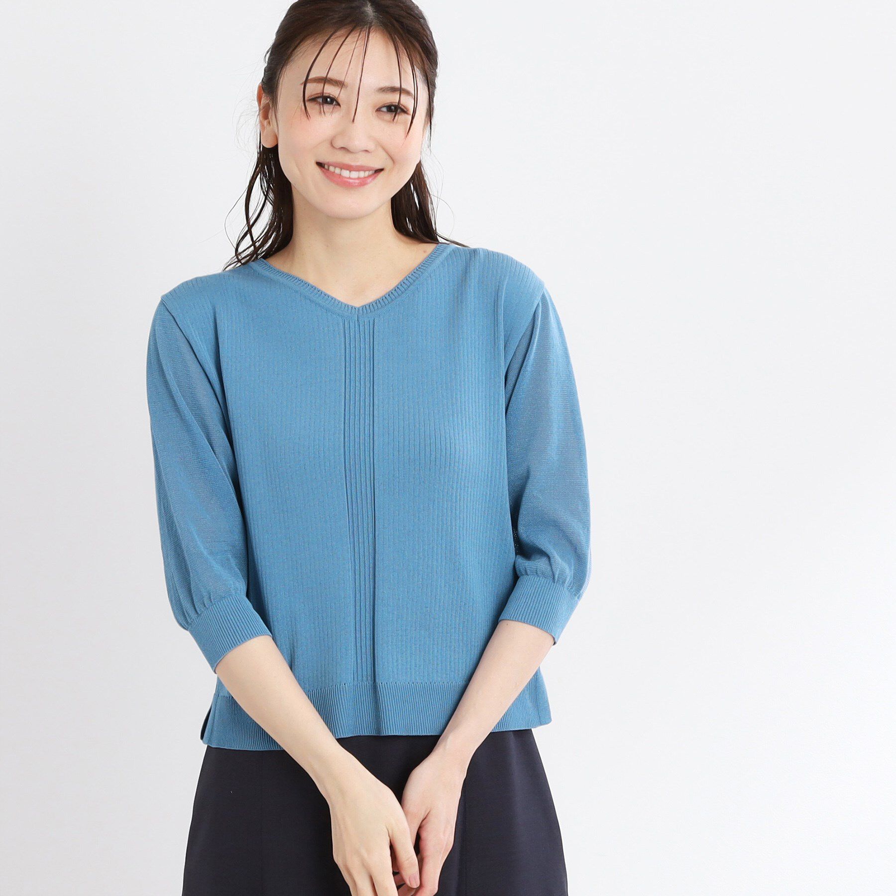 Reflect「【WEB先行カラーあり／手洗い可】透かし柄デザインニット」|ニット・セーター|ブルー(092)