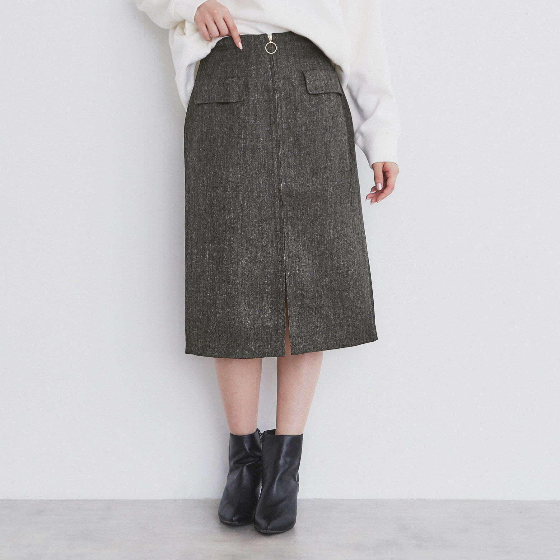 index「ツイード調ジップタイトスカート【洗濯機洗い可/防シワ】」|スカート|チャコールグレー(0