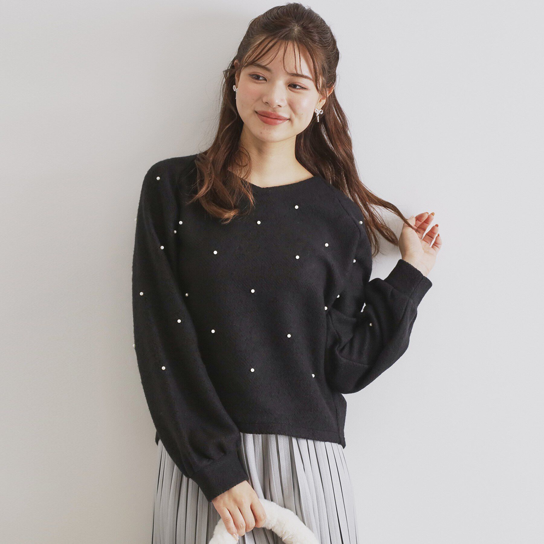 index「ツィード調起毛パールデザイントップス【洗濯機洗い可】」|Tシャツ・カットソー|