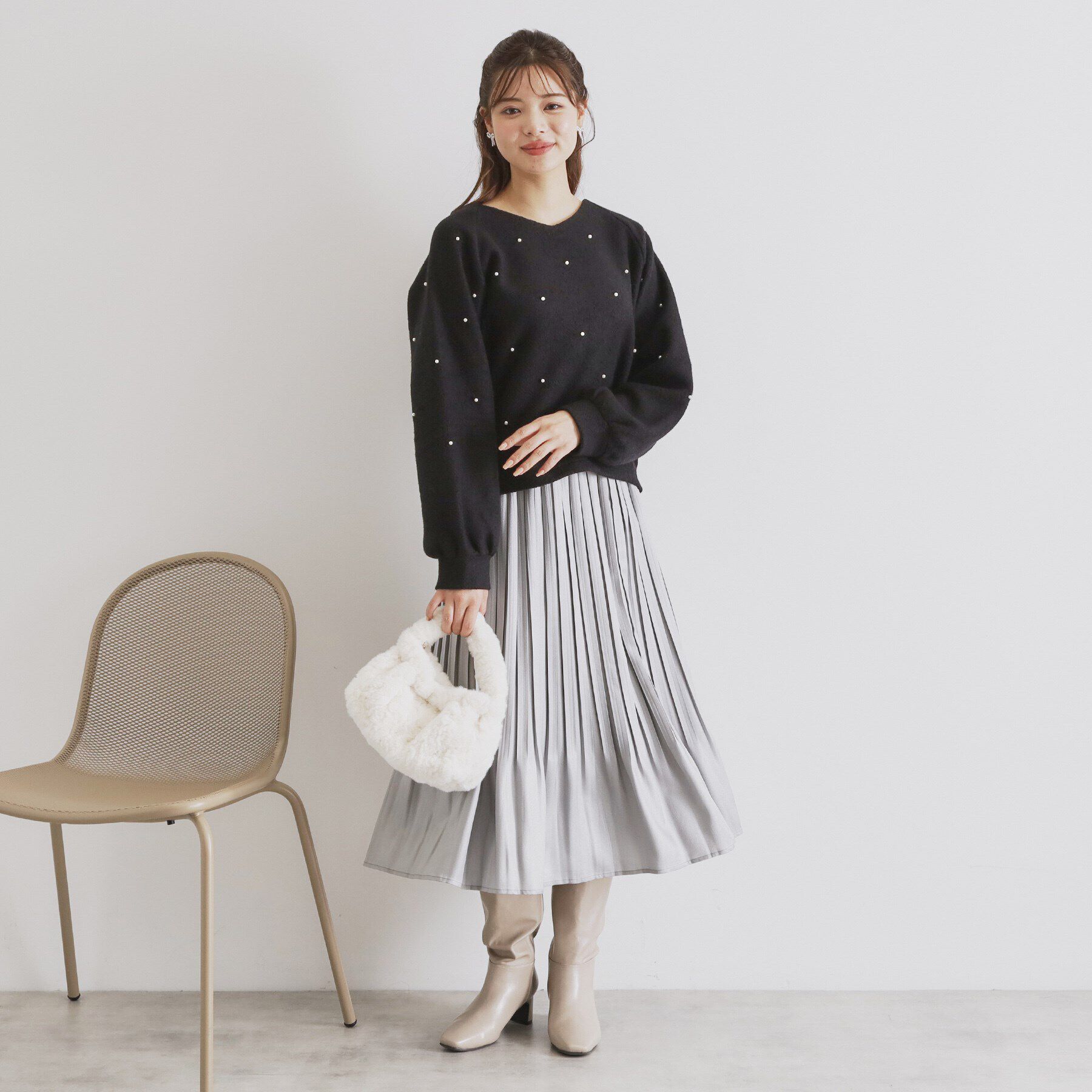 index「ツィード調起毛パールデザイントップス【洗濯機洗い可】」|Tシャツ・カットソー|