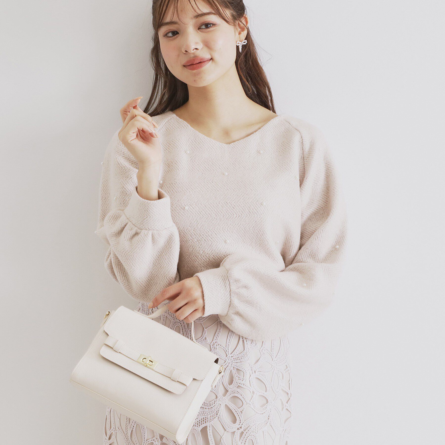 index「ツィード調起毛パールデザイントップス【洗濯機洗い可】」|Tシャツ・カットソー|ライトピンク(470