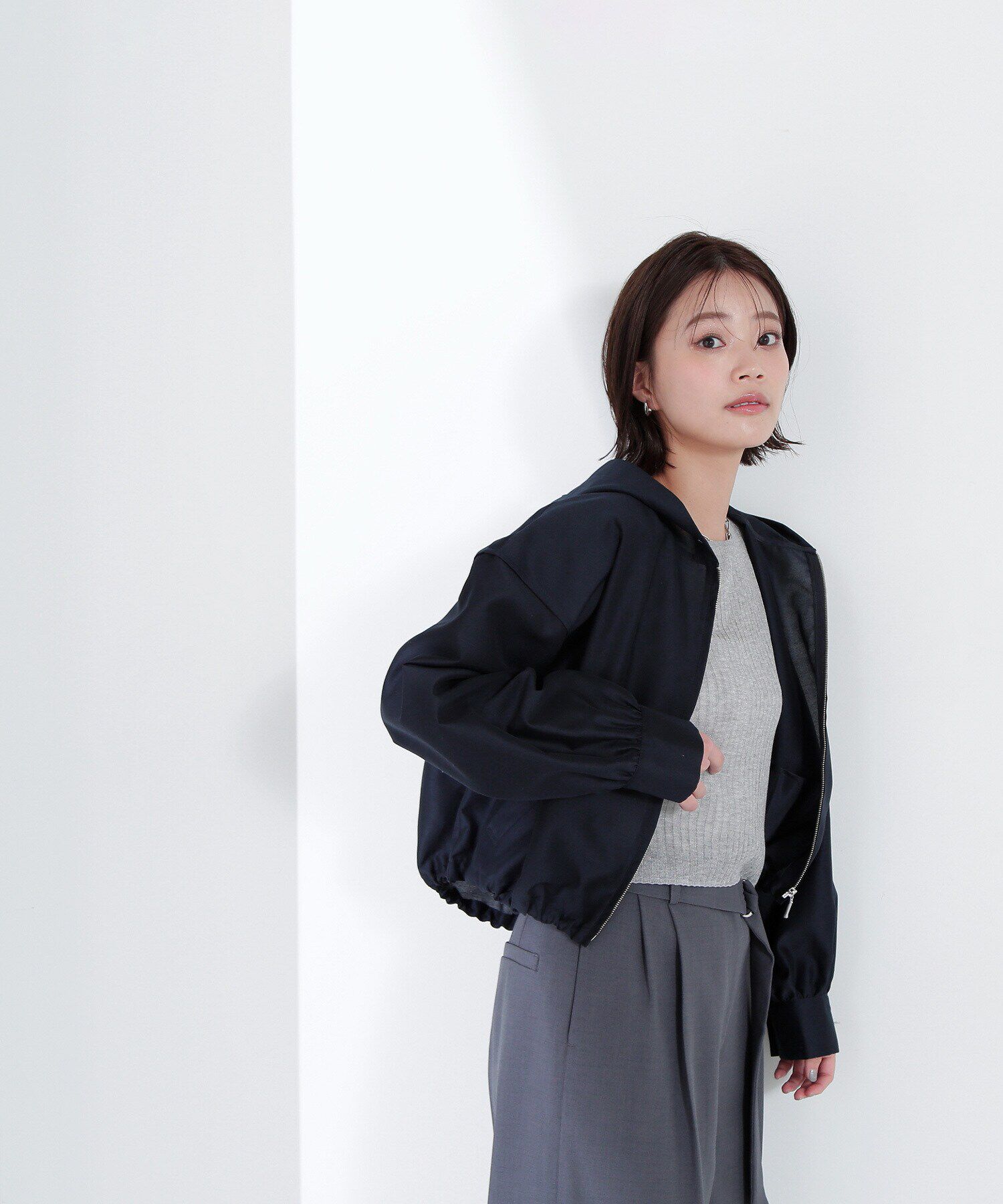  「シアーフォルムフーディーブルゾン」|ブルゾン・スタジャン|ネイビー