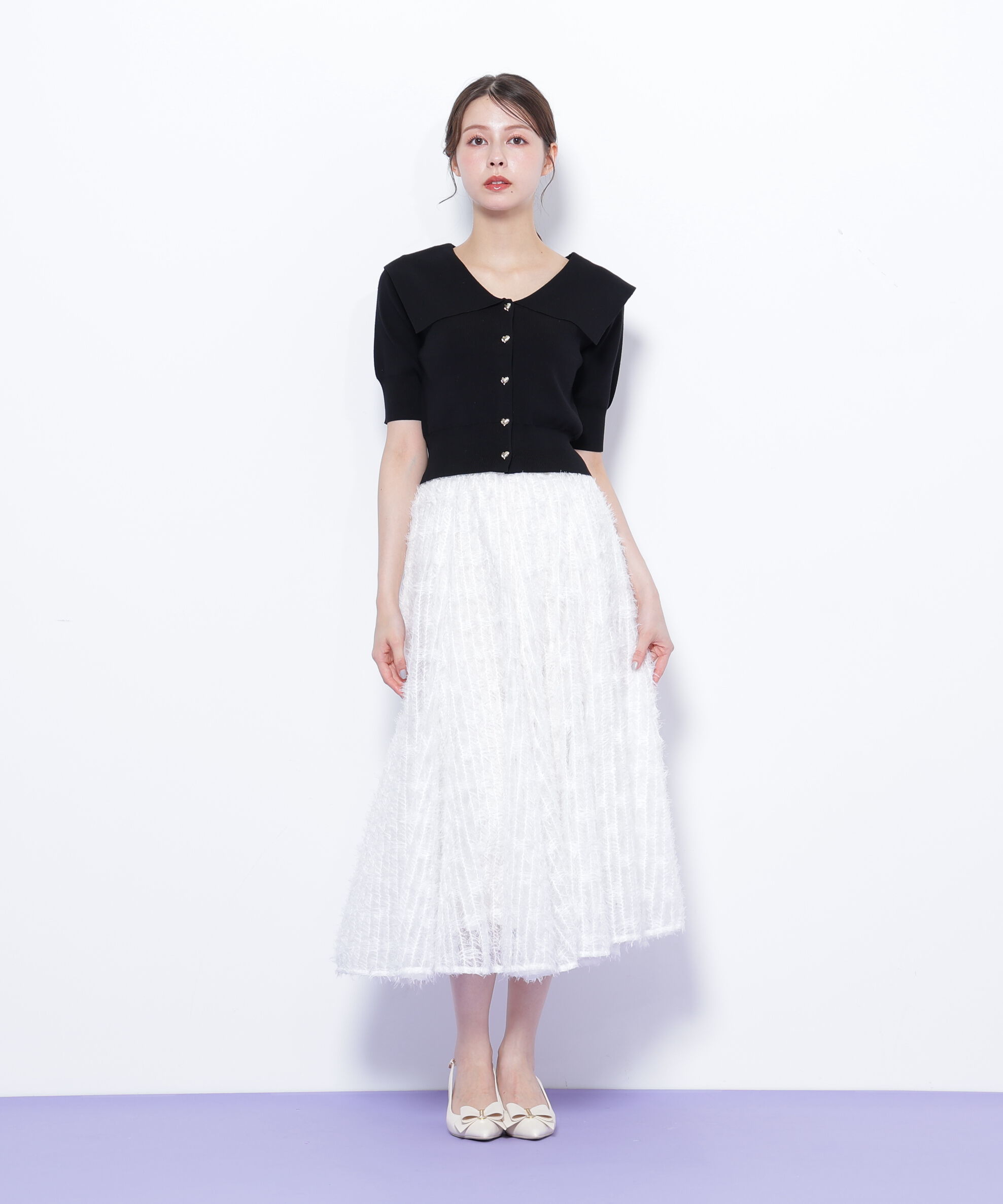  「半袖ビッグカラーデザイン釦ニット」|ニット・セーター|